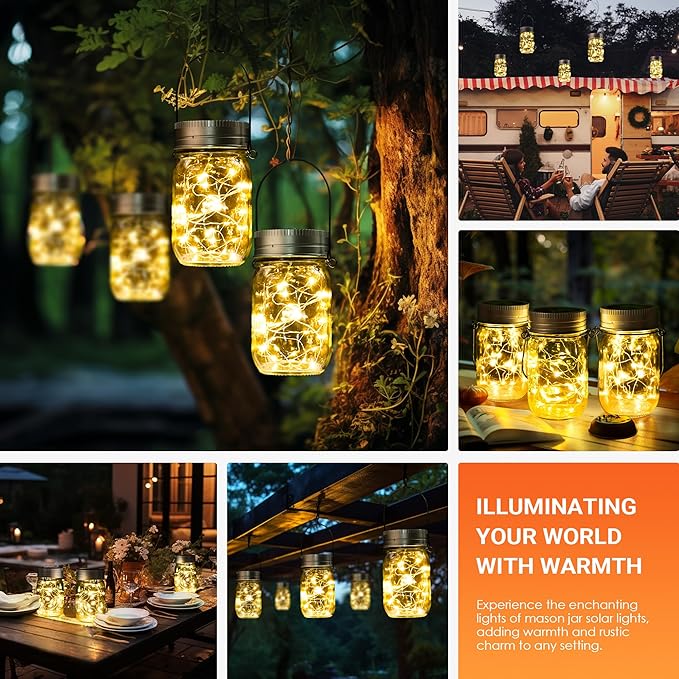 GIGALUMI Solar Mason Jar Lights 8 Pack 30 Led String Fairy Lights Garden Lights Outdoor Waterproof Hanging Solar Lanterns for Outdoor Garden Patio Lawn Balcony Decoration