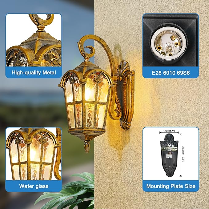 17.1 H Gold Outdoor Wall Lights - Waterproof &amp Anti-Rust Aluminum Porch Light Wall Mount Hammered Exterior Lighting Fixtures Outside Wall Lantern for Patio Doorway Garden 2 Pack