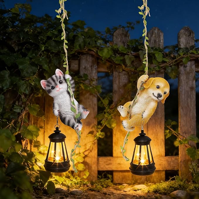 Set of 2 Solar Hanging Statue Outdoor Resin Black White Cat &amp Golden Retriever Dog Figurine with LED Lights Animal Ornament for Garden Fence Porch Patio Yard Decor