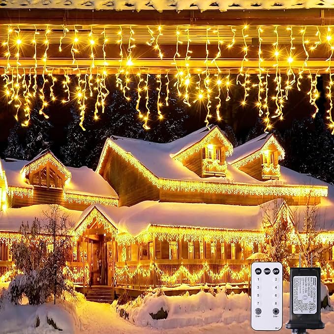 JMEXSUSS 38.8FT Icicle Lights for Outside 400 LED Icicle Christmas Lights Outdoor Indoor Plug in Warm White String Lights for Christmas House Patio Party Fireplace Holiday Decorations