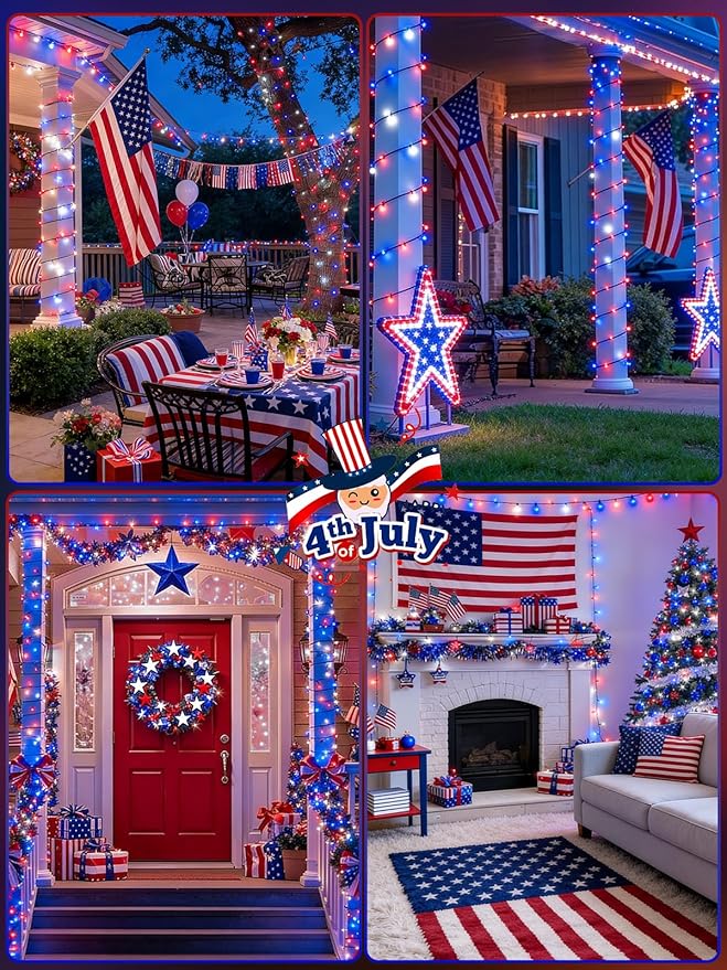 EEW 2 Pack 200 LED Red White and Blue Solar String Lights Outdoor Waterproof Solar Powered LED Patriotic Lights Solar Tree Lights for Independence Day Decor 4th of July Memorial Day Decorations