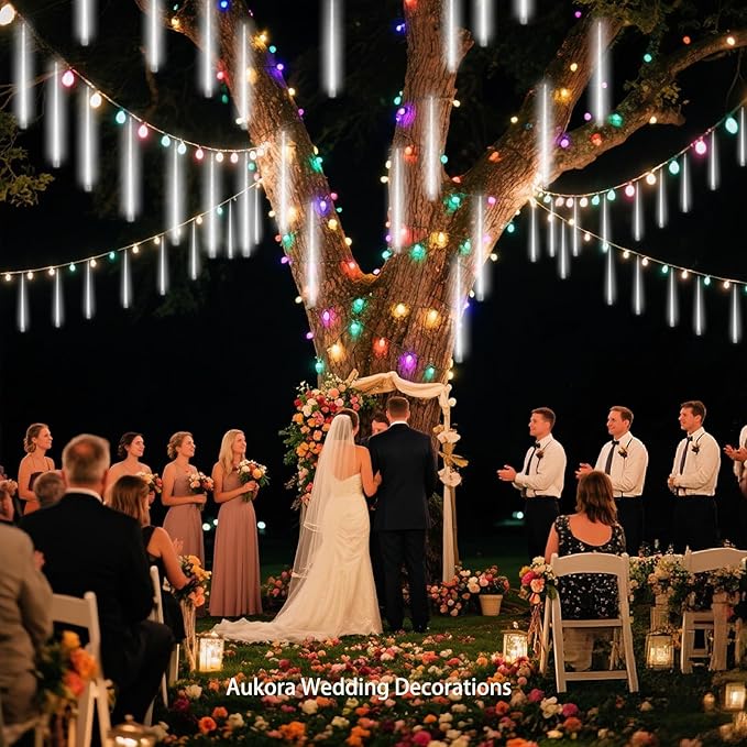 Aukora White Christmas Lights Outdoor UL Plug 24 Tubes 576 LEDs Meteor Shower Light Tandemable Icicle Snow Falling Rain Light for Xmas Tree Halloween Decorations Wedding Party Holiday Garden Decor