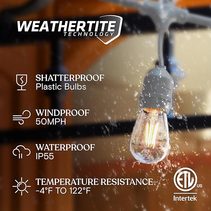 Brightech Ambience Pro Waterproof LED Outdoor String Lights 48 Ft Hanging Dimmable Vintage Edison Bulbs 15 Bulbs 2W