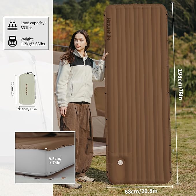 Naturehike Camping Sleeping Pad Ultralight Inflatable Sleeping Mat with Pillow Built-in Foot Pump 2.6 Inch Lightweight Air Mattress for Backpacking Hiking Traveling (Brown)