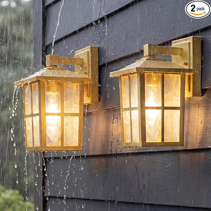 KDG Outdoor Waterproof Patio Wall Light Fixtures Set of 2 Gold E26 Socket Exterior Lanterns with Tempered Glass Modern Wall Mounted Lamp Suitable for Home Front Door Garden Garage Porch