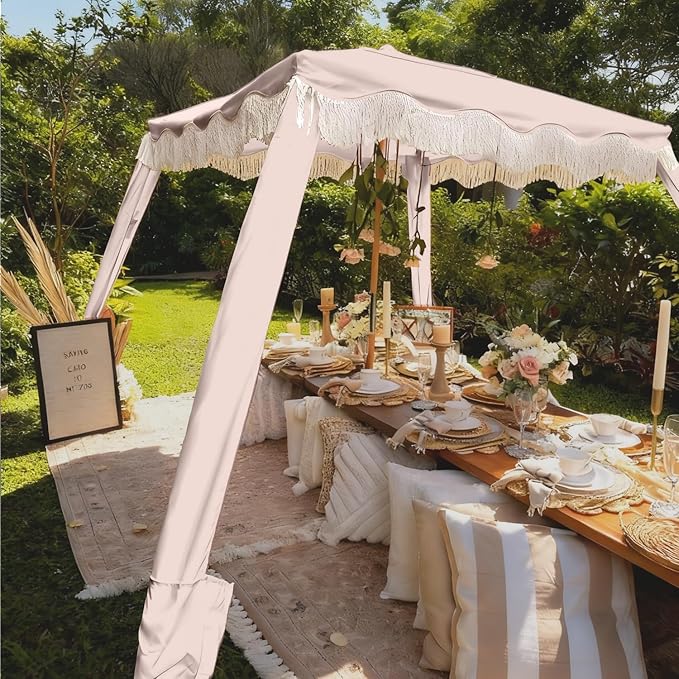 AMMSUN Beach Cabana with Fringe 6.5' x 6.5' Boho Beach Canopy with Tassels Easy Set up &amp Premium Wood Pole Cabana Tent with Sand Pockets Instant Sun Shade for Sand Garden Patio Pink Coral