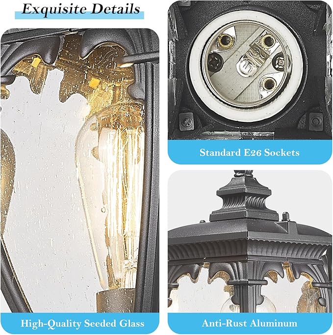 Porch Light Outdoor Wall Lights Exterior Lighting Fixtures 18.7 Inch Waterproof Black Porch Lights Outdoor Wall Sconces Light Fixture with Seeded Glass for Outside Patio Garage