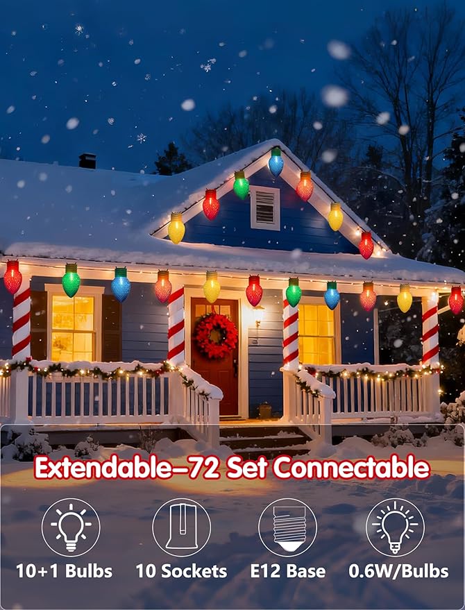 Jumbo Christmas Lights String16FT C7 Giant Christmas Lights Decorations Connectable Hanging Lights with 10 Multicolor Strawberry Big Bulb for Roof Yard Garden Outside Decor