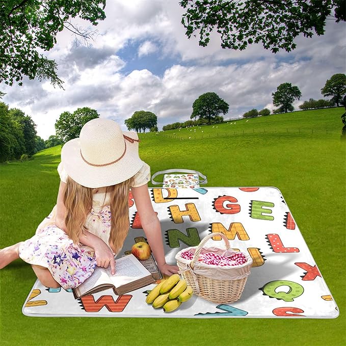 MNSRUU Picnic Blanket Waterproof Foldable ABC Simple Cartoon Large Outdoor Picnic Beach Camping Blanket Travel Mat Shoulder Strap Tote Rectangle 57x59in