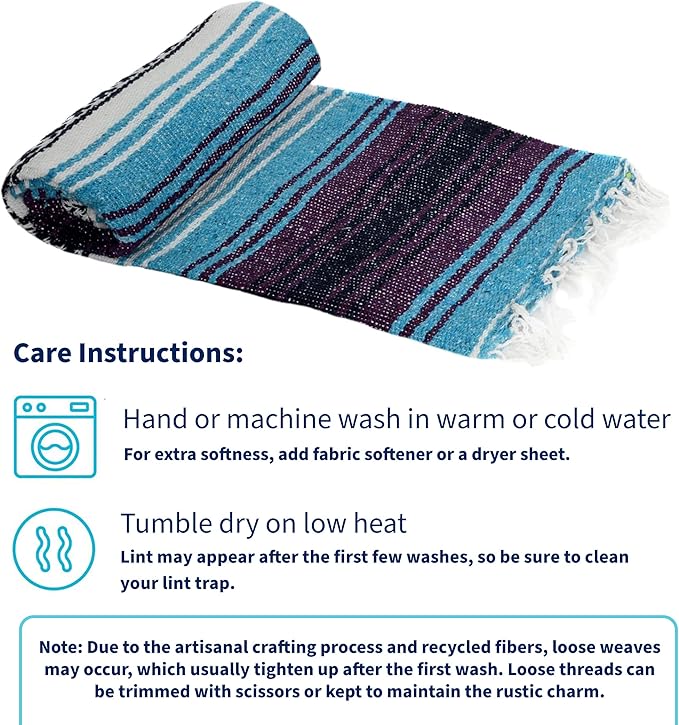 La Montana Mexican Blankets and Throws 4 Pack 74x50 - Made in Mexico Lightweight Yoga Blanket for Schools Studios Outdoors Camping Picnic Decor - Washable Turquoise/Dark Purple/White
