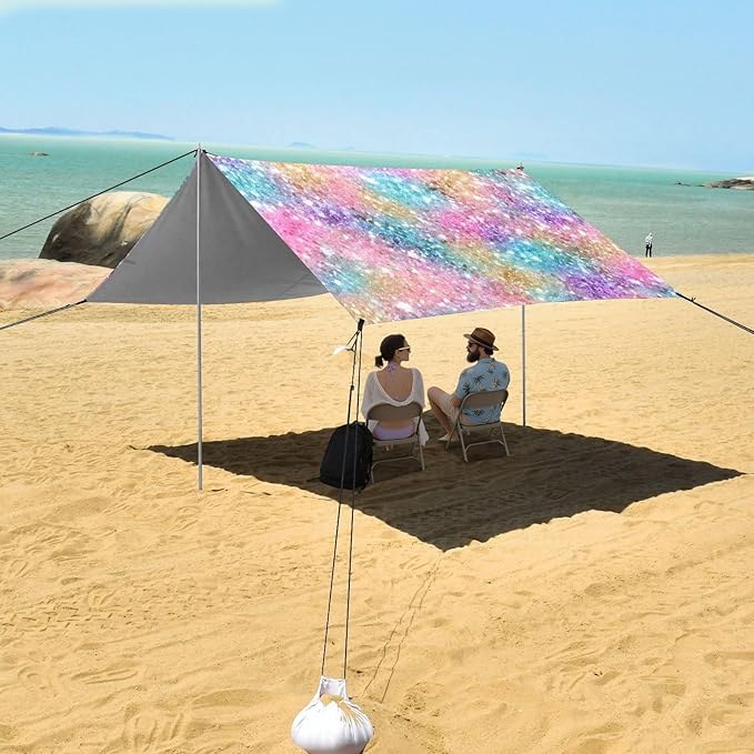 Bolaz Beach Canopy Tent Sun Shade9'×10.5' Large Family Beach Shade UPF50+- Outdoor Shade for Camping Trips FishingColorful Glitter Sequins Pattern