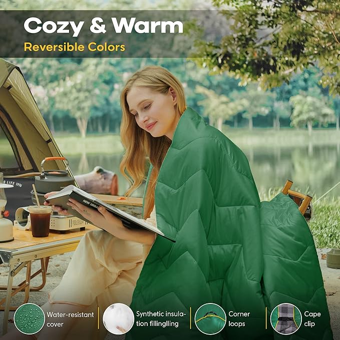 UNIKOME Waterproof Puffy Camping Blanket - Lightweight Packable Outdoor Quilt with Corner Loops Warm Compact Blanket for Cold Weather Hiking Picnic Stadium Travel 75×52 Green
