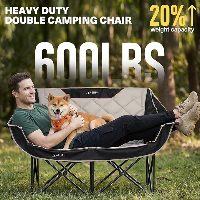 Double Camping Chair Padded Oversized Camping Loveseat for Adults 2 Person Couch Two Seat Support 600LBS Heavy Duty Folding Camp Lawns Chairs for Outdoor Beach Backyard Tailgating Sports