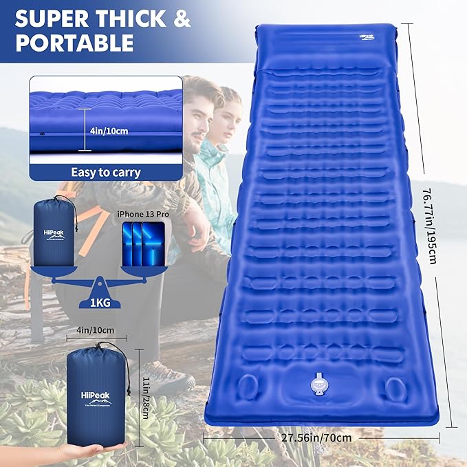 HiiPeak Ultralight Inflatable Sleeping Mat with Built-in Foot Pump &amp Pillow Compact Air Mattress for Backpacking Hiking (Light Blue)