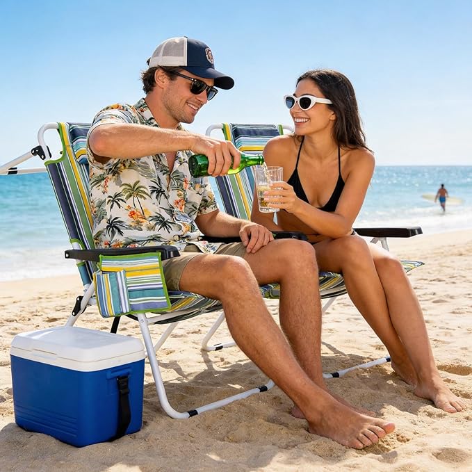 Tall Beach Chair for Adults 17 High Backpack Beach Chair with ArmrestReclining Portable 5 Position Lay Flat Lightweight Folding Camping Chairs w/Large Cooler PouchSupport to 350LBSGreen