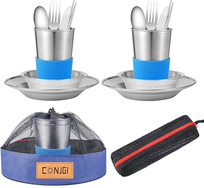 Outdoor Camping Mess Kit - 1 to 2 persons Camping Dishes Includes Cups Bowls Dishes Knives Forks Spoons Etc Camping Dinnerware Set with Mesh Bag is Easy to Carry Camping Tableware Set