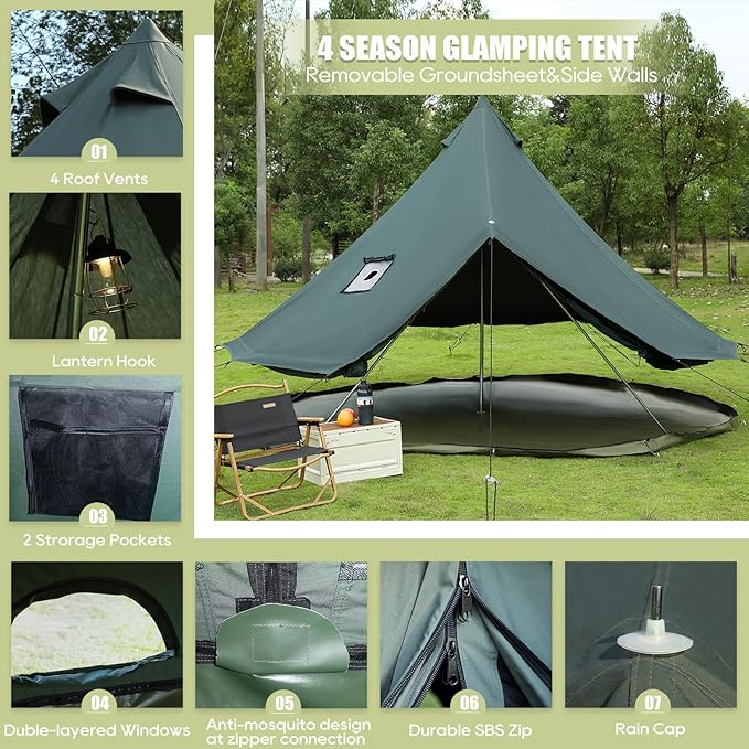 Luxury Cotton Bell Tent Yurt Canvas Tent with Stove Jack 4/6/8 Person Family 4 Season Camping