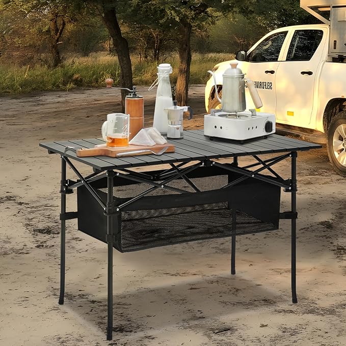 Magshion 37 Folding Camping Table with Large Storage Basket &amp with Carry Bag Aluminum Picnic Table for Indoor Outdoor Camping Backyard BBQ Use Black