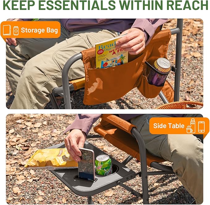 TIMBER RIDGE XXL Director’s Chair – Heavy Duty Folding Chair with Side Table 500 lb Capacity Extra Wide Padded Seat for Camping Sports Beach Patio and Outdoor Use Orange-2 Pack