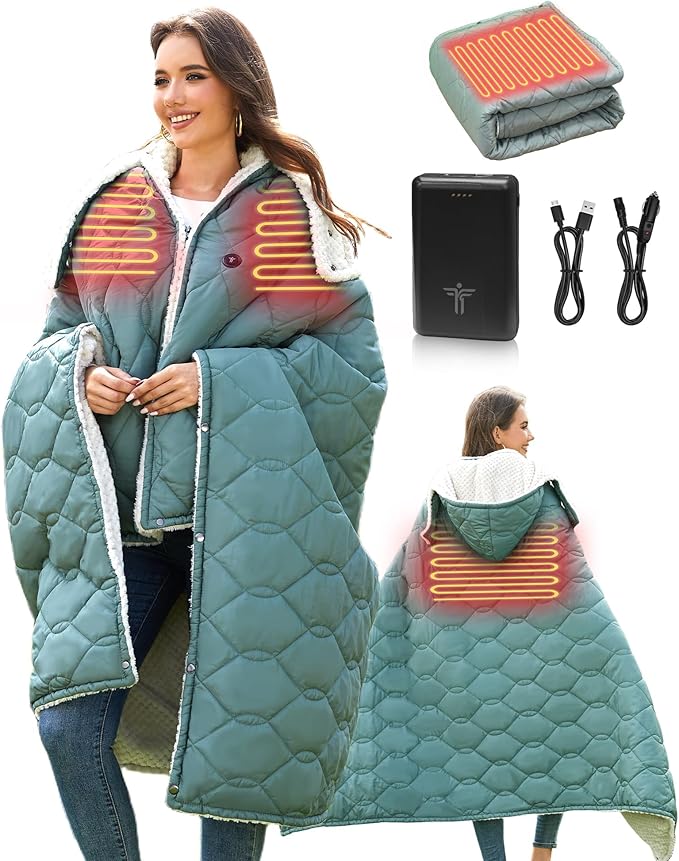 Heated Blanket Hoodie Battery Operated for Camping 12V Cordless Heating Blanket with 15000mAh Battery Electric Blanket Throw Shawl with 3 Heating Levelsfor Shoulder and Neck Machine Washable