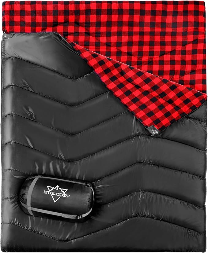 XL Queen Size 2 Person Double Sleeping Bag for Adults Lightweight Compact with Flannel Liner &amp Thermolock Draft Tube Machine Washable All Season Camping Travel