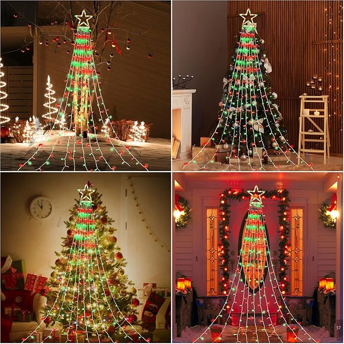 PUHONG Christmas Star Lights16.4Ft 320 LED Christmas Decoration String Lights[8 Modes &amp Waterproof ]with 11 Lighted Star for Halloween Xmas New Year (Plastic Star-Red &amp Green)