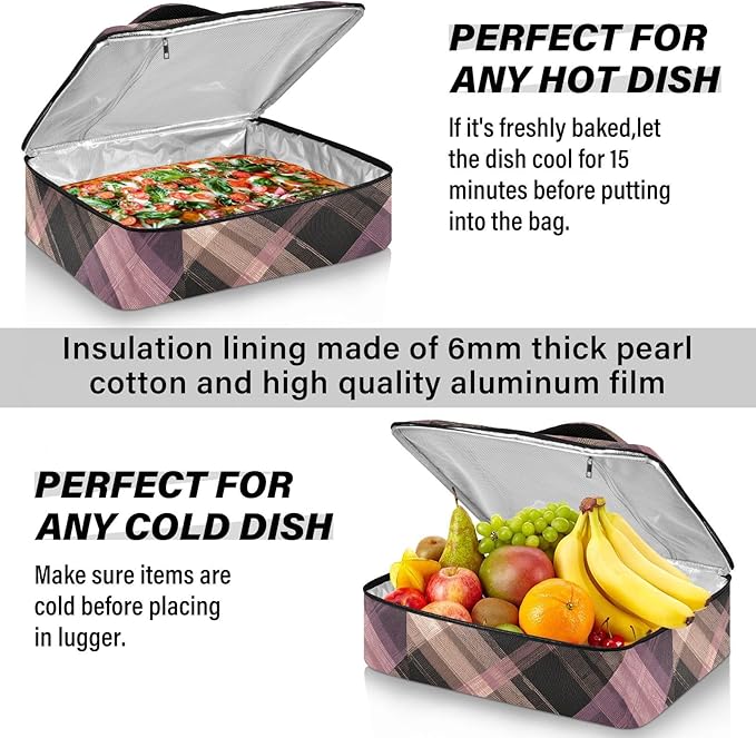 Casserole Carrier Pattern Purple Brown Tartan Plaid Insulated Casserole Carrier for Hot or Cold Food Thermal Lunch Tote for Parties Picnic Travel Carry Bag