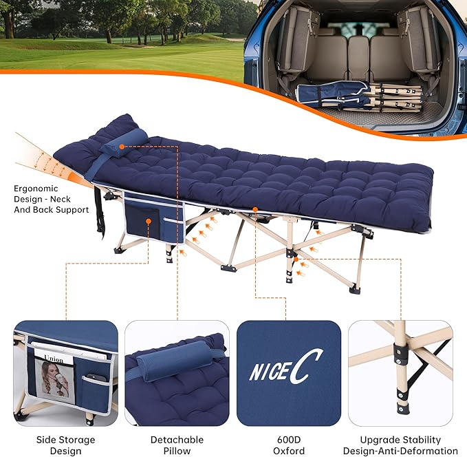 Nice C Heated Cot with Battery Heated Camping Cots with Cushion Folding Cots with Mattress for Adults with Pillow Carry Bag &amp Storage Pocket Extra Wide Sturdy Holds Up to 500 Lbs (1 Pack Nav