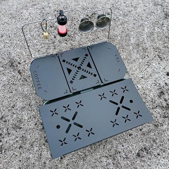 Folding Coffee Station for Lunch Box Portable Camping &amp Outdoor Table Top Aluminum Alloy with Hollow Pattern Side Expansion Panel for Fishing Boxes Compact &amp Durable Design