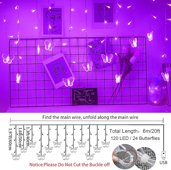 Purple Butterfly Curtain Fairy Lights USB Plug in120 LED 8 Modes 20FT Firefly Twinkle Icicle String Lights with Remote Timer Waterproof for Halloween Bedroom Christmas Wedding Party Dorm