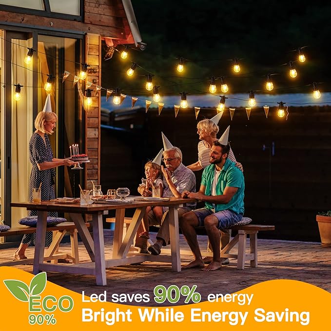 Ollny Outdoor String Lights 50 FT Waterproof Connectable Patio Lights with 15 Shatterproof Bulbs(2 Spare) Outside Hanging Light for Balcony Porch Yard Garden Backyard