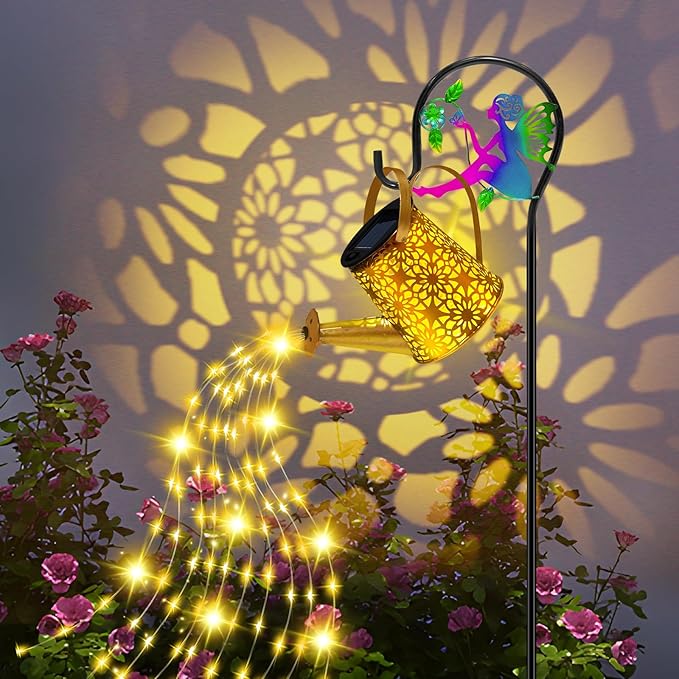 Solar Lights Garden Decorative Solar Watering Can with Cascading Lights Waterproof Metal Lantern with Fairy Shepherd Hook Outdoor Decor for Yard Patio Lawn and Pathway Gardening Gifts for Mom