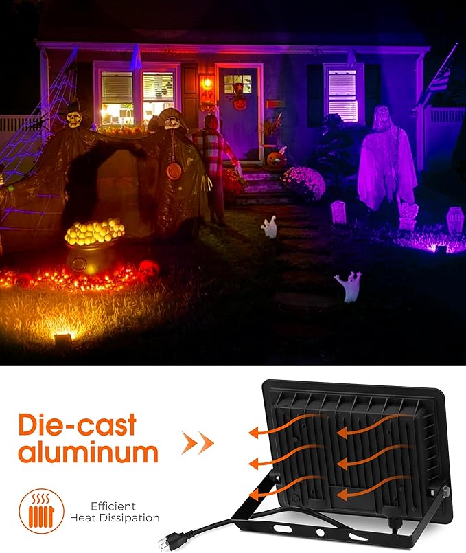 L LOHAS LED Orange and Purple Christmas Halloween Flood Light Outdoor 2 Pack 𝑨𝒖𝒕𝒐 𝑶𝑵/𝑶𝑭𝑭 50W Plug in Flood Light IP66 Waterproof 2300lm Outdoor Flood Lights for Yard Party UL Listed