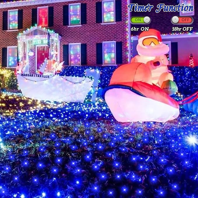 QITONG Net Lights Outdoor Mesh Lights 12ft x 5ft 360 LED Blue Christmas Light with 8 Modes Connectable Clear Wire Bush Light Plug in