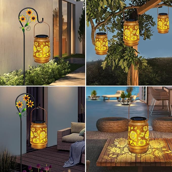 2 Pack Sunflower Hanging Solar Lanterns Outdoor Lights Sunflower Gifts for Women Men Metal Waterproof Decor Garden Lanterns for Yard Patio Lawn PathwayPorch
