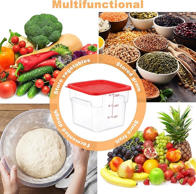 15 Sets 6 Qt Square Food Storage Containers with Lids Commercial Polycarbonate Containers Dough Proofing with Scale Clear Airtight Cereal for Pantry Home Restaurant