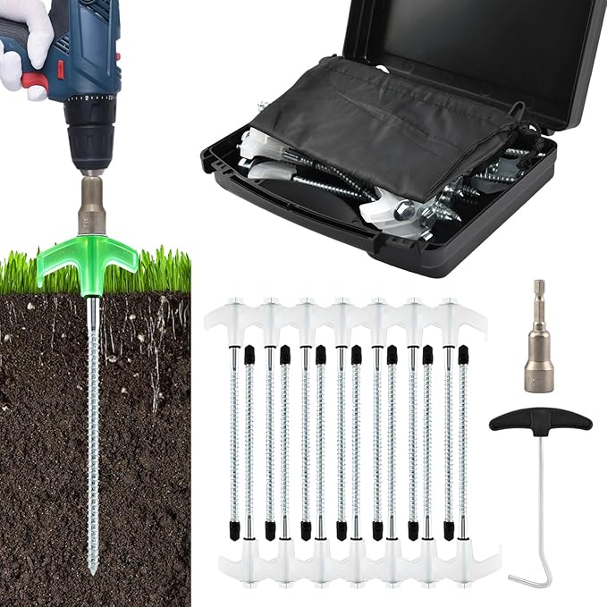 20 Pcs Screw in Tent Stakes Heavy Duty-8” Metal Pegs for Ground Drill in Camping Stake with Hex Head Driver Spikes Puller Protector in Carrying case for Hiking Glow in Dark