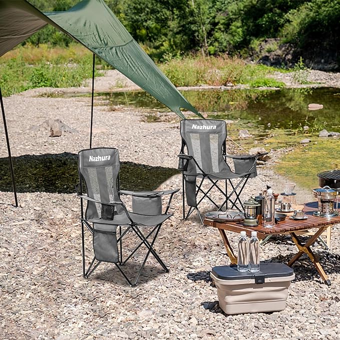 Nazhura 4 Pack Outdoor Camping Chairs Folding/Foldable/Portable with Cooler Pouch Mesh Backrest and Cup Holder Pocket(Grey) (Grey 4 Pack)