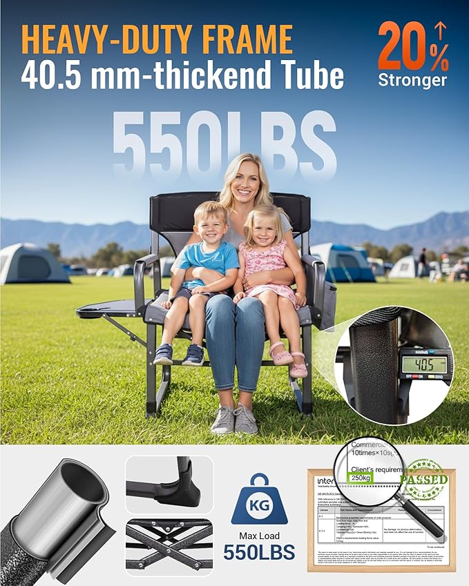 KingCamp XXL Heavy Duty Camping Directors Chair 550lbs Capacity Extra Wide Oversized Camp Chairs with Side Table &amp Cooler Bag Compact Padded Folding Chair for Big and Tall Outdoor Sports Picnic