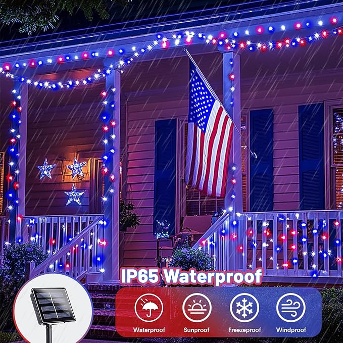 4th of July Decorations Solar String Lights 2Pack 400LED Independence Day Lights for Outside Red White and Blue Solar Light Waterproof Copper Wire 8 Modes Twinkle Light for Memorial Day National Day