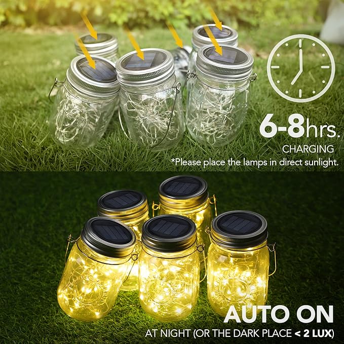 Mlambert Mason Jar Solar Lights -30 LED 6 Pack Hanging Solar Lanterns Outdoor Waterproof Fairy Lights for Patio Garden Warm White