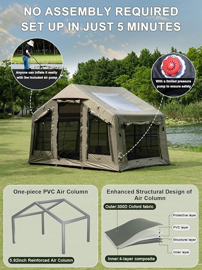 TOMOUNT Inflatable Tent for Camping 3-5 Person Large Inflatable Cabin Tent with Skylight Hand Pump Stove Jack Air Tent Blow Up House for Luxury Family Camping