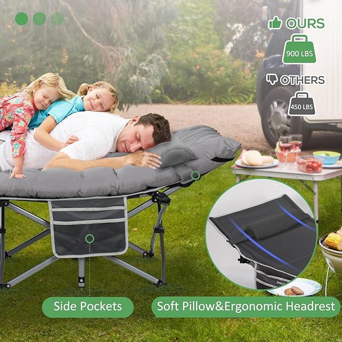2 Pack Wide Folding Camping Cots with Pillow &amp Extra Thick 3 Inch Matress Cots for Sleeping 900 LBS Camping Bed for Adults with Cushion Sleeping Cot (Grey)