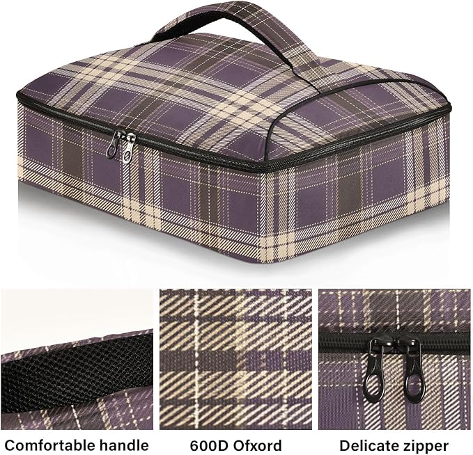 Casserole Carrier Purple and Brown Tartan Plaid Print Insulated Casserole Carrier for Hot or Cold Food Thermal Lunch Tote for Parties Picnic Travel Carry Bag