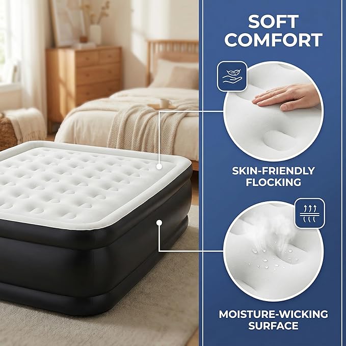 18 Inflatable Air Mattress with Built-in Pump Double Height Non-Slip 660lb Capacity - Queen Size