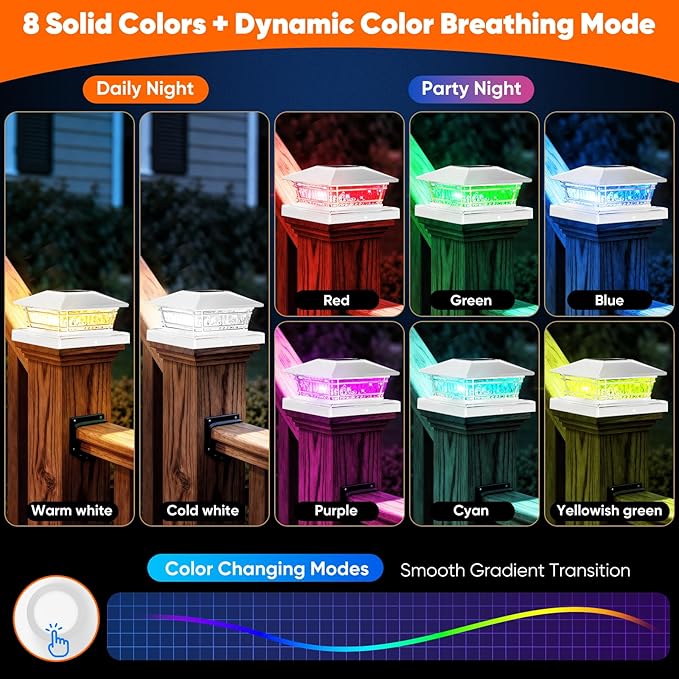 Post Solar Lights with 8 RGB Solid Colors &amp Color Changing 8 Pack Deck Post Lights for Porch Yard Garden Waterproof Solar Fence Post Cap Lights for 4x4 5x5 6x6 Vinyl/Wooden Posts White