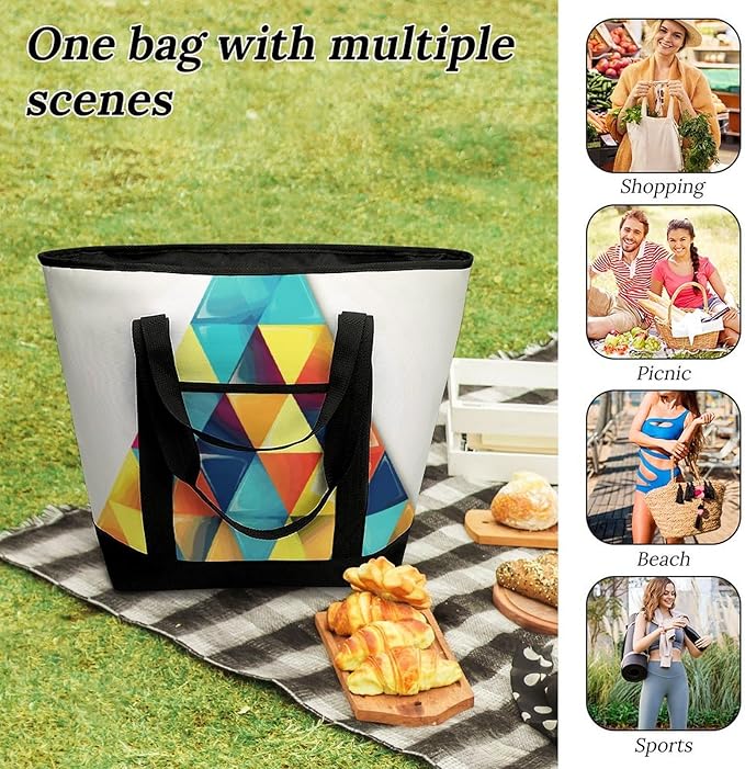 Insulated Shopping BagLarge Reusable Cooler Bags Colorful Triangle Printed Foldable Shopping BagTravel Waterproof Shoulder Bag