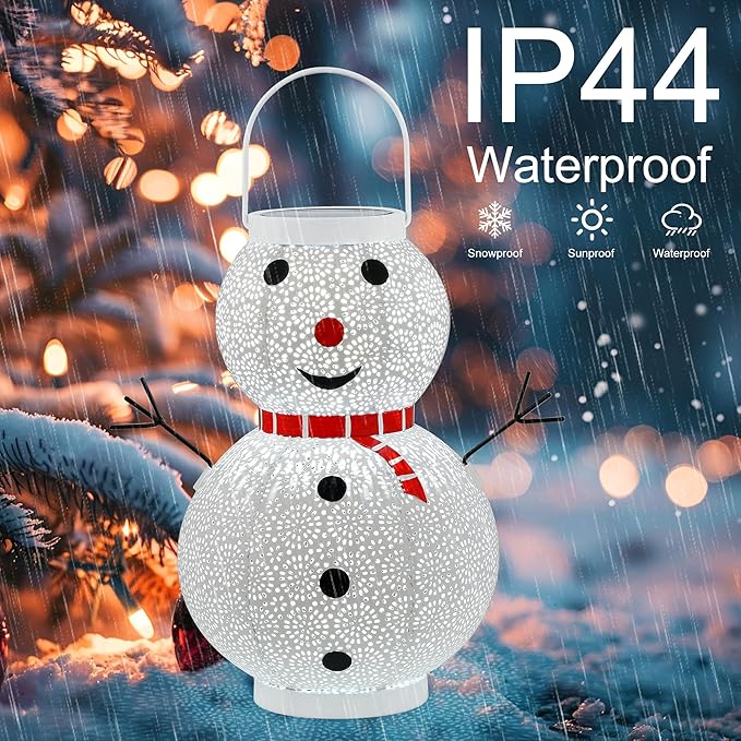 Christmas Decorations Snowman Solar Lantern - Snowman Solar Hanging Lantern Outdoor Waterproof -Metal Standing Solar Powered LED Lantern Decorative Lights for Outside Garden Yard Porch - White