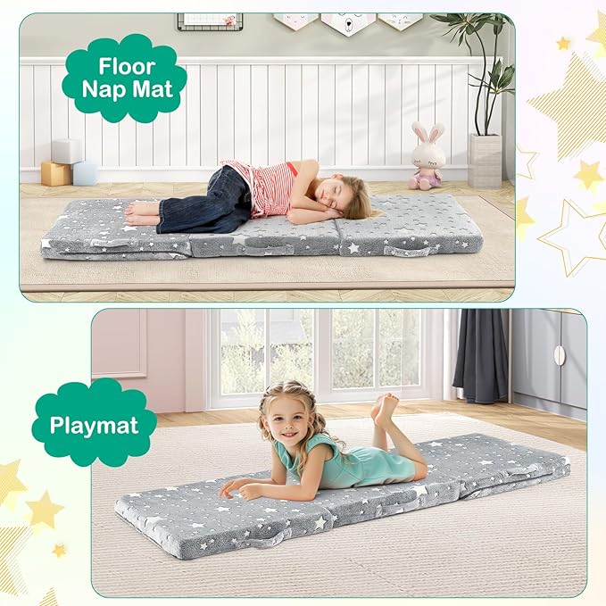 Costzon Foldable Floor Mattress for Kids Glow in The Dark Toddler Floor Nap Mat w/Washable Flannel Cover Tri-Folding Children Floor Bed for Sleeping Daycare Playroom School Kindergarten or Nursery
