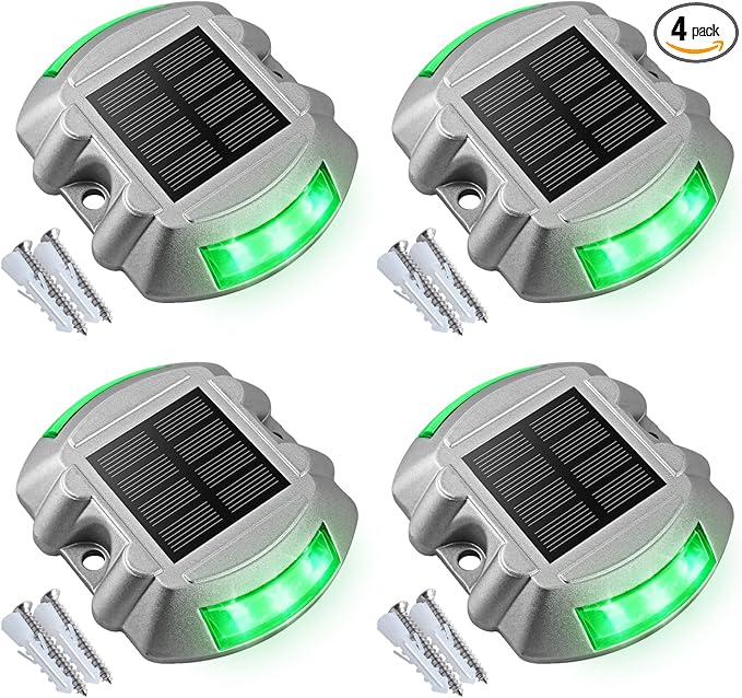 VOLISUN Christmas Solar Deck Lights Driveway Dock Lights 4-Pack Led IP68 Waterproof Outdoor Warning Step Light for Driveway Sidewalk Garden Pathway Yard(Green Auto On/Off